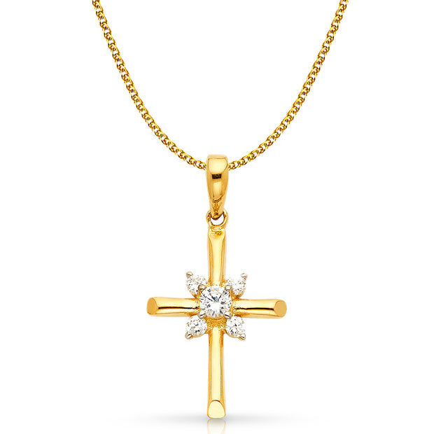 14K Gold CZ Cross Charm Pendant with 1.5mm Flat Open Wheat Chain Necklace