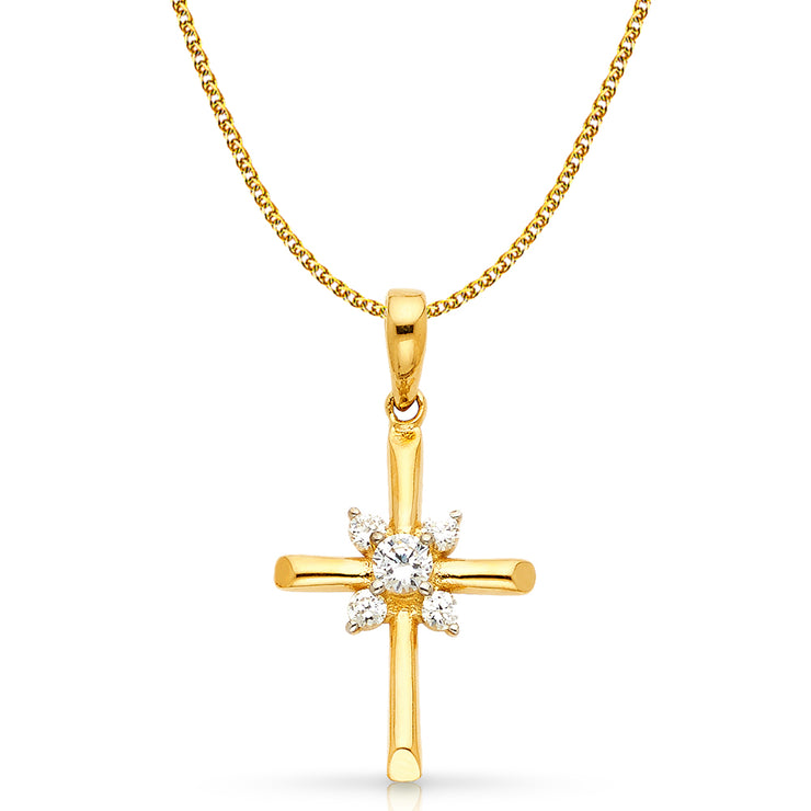 14K Gold CZ Cross Charm Pendant with 1.5mm Flat Open Wheat Chain Necklace