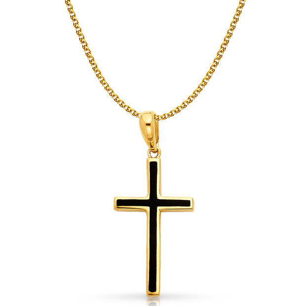 14K Gold Cross with Black Enamel Charm Pendant with 1.5mm Flat Open Wheat Chain Necklace