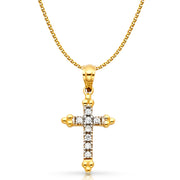 14K Gold CZ Cross Charm Pendant with 1.5mm Flat Open Wheat Chain Necklace