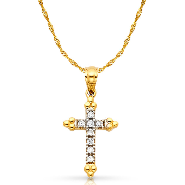 14K Gold CZ Cross Charm Pendant with 1.2mm Singapore Chain Necklace