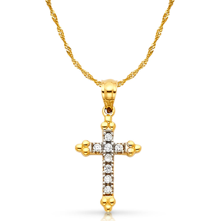 14K Gold CZ Cross Charm Pendant with 1.2mm Singapore Chain Necklace