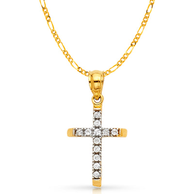 14K Gold CZ Cross Charm Pendant with 2mm Figaro 3+1 Chain Necklace