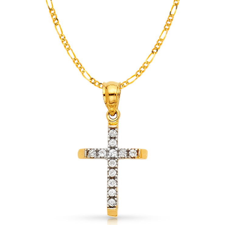 14K Gold CZ Cross Charm Pendant with 2mm Figaro 3+1 Chain Necklace