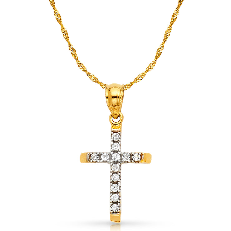 14K Gold CZ Cross Charm Pendant with 0.9mm Singapore Chain Necklace