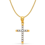 14K Gold CZ Cross Charm Pendant with 1.2mm Flat Open Wheat Chain Necklace