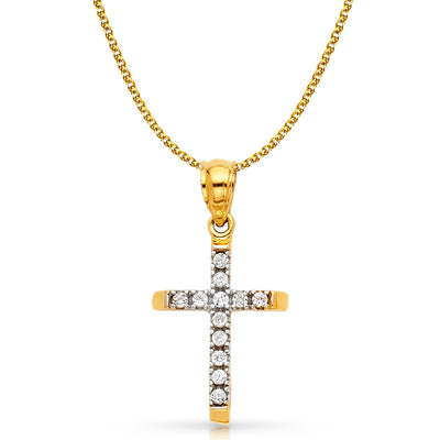 14K Gold CZ Cross Charm Pendant with 1.2mm Flat Open Wheat Chain Necklace