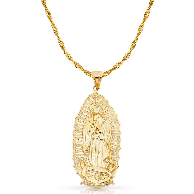 14K Gold Guadalupe Charm Pendant with 1.8mm Singapore Chain Necklace