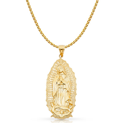 14K Gold Guadalupe Charm Pendant with 2mm Flat Open Wheat Chain Necklace