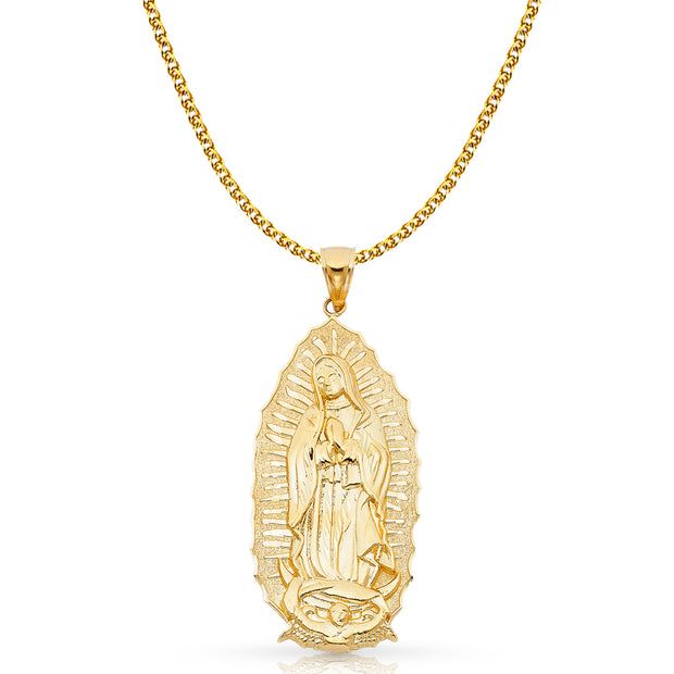 14K Gold Guadalupe Charm Pendant with 2mm Flat Open Wheat Chain Necklace