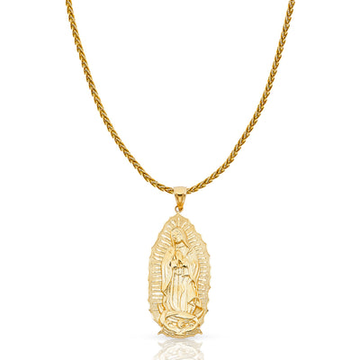 14K Gold Guadalupe Charm Pendant with 1.4mm Round Wheat Chain Necklace