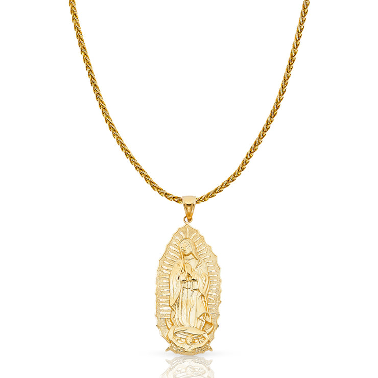 14K Gold Guadalupe Charm Pendant with 1.4mm Round Wheat Chain Necklace