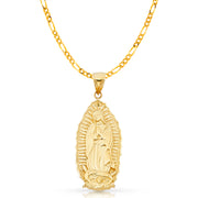 14K Gold Guadalupe Charm Pendant with 3.8mm Figaro 3+1 Chain Necklace