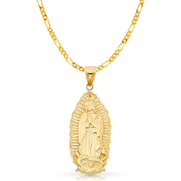 14K Gold Guadalupe Charm Pendant with 3.8mm Figaro 3+1 Chain Necklace