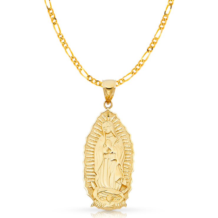 14K Gold Guadalupe Charm Pendant with 3.8mm Figaro 3+1 Chain Necklace