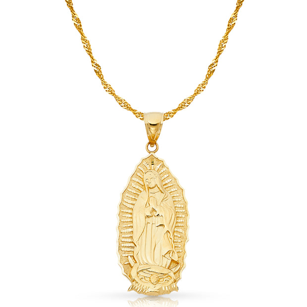 14K Gold Guadalupe Charm Pendant with 1.8mm Singapore Chain Necklace