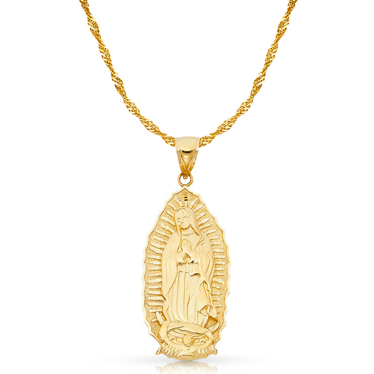 14K Gold Guadalupe Charm Pendant with 1.8mm Singapore Chain Necklace