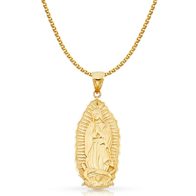 14K Gold Guadalupe Charm Pendant with 2mm Flat Open Wheat Chain Necklace