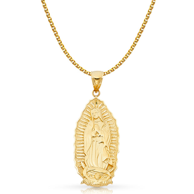 14K Gold Guadalupe Charm Pendant with 2mm Flat Open Wheat Chain Necklace