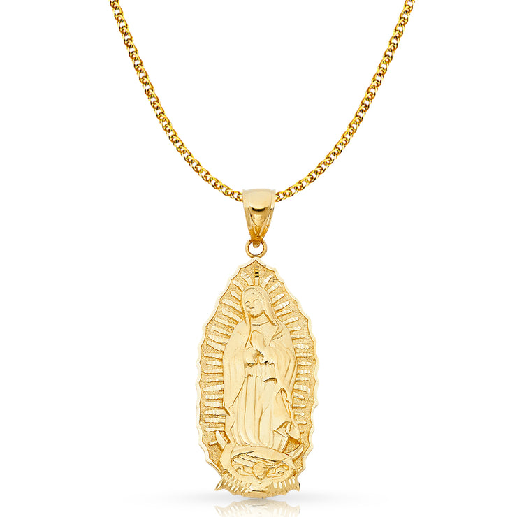 14K Gold Guadalupe Charm Pendant with 2mm Flat Open Wheat Chain Necklace