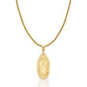 14K Gold Guadalupe Charm Pendant with 1.4mm Round Wheat Chain Necklace