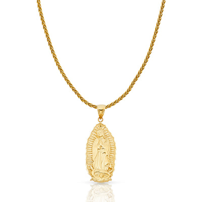 14K Gold Guadalupe Charm Pendant with 1.4mm Round Wheat Chain Necklace