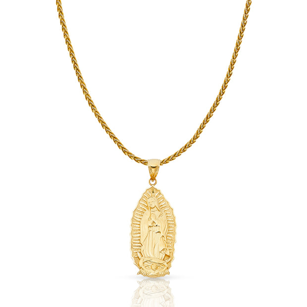 14K Gold Guadalupe Charm Pendant with 1.4mm Round Wheat Chain Necklace