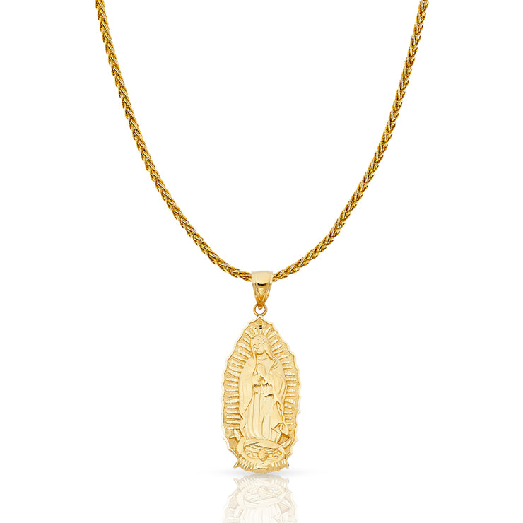 14K Gold Guadalupe Charm Pendant with 1.4mm Round Wheat Chain Necklace