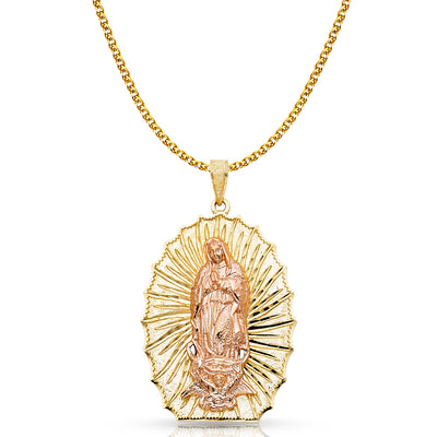 14K Gold Guadalupe Charm Pendant with 2mm Flat Open Wheat Chain Necklace