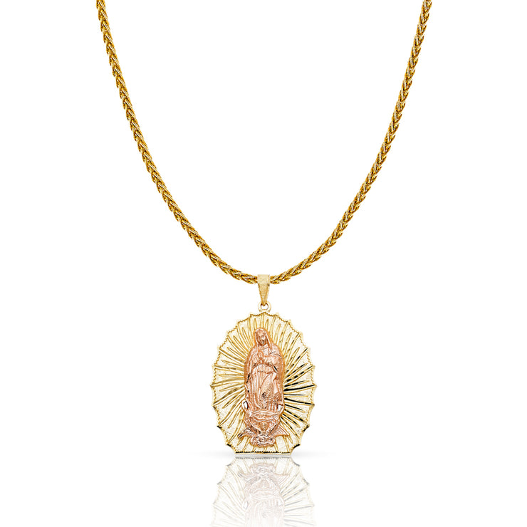 14K Gold Guadalupe Charm Pendant with 1.4mm Round Wheat Chain Necklace