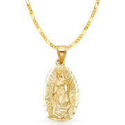 14K Gold Guadalupe Charm Pendant with 3.1mm Figaro 3+1 Chain Necklace