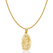 14K Gold Guadalupe Charm Pendant with 1.1mm Wheat Chain Necklace