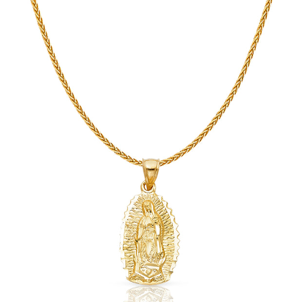 14K Gold Guadalupe Charm Pendant with 1.1mm Wheat Chain Necklace