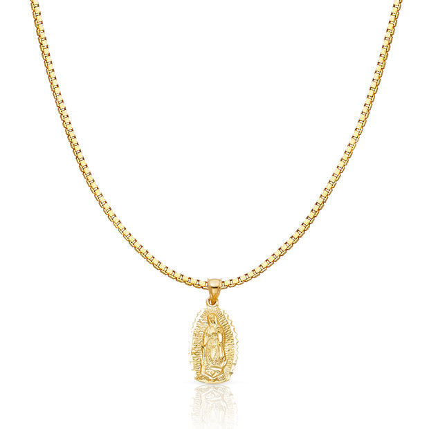 14K Gold Religious Guadalupe Charm Pendant with 1.2mm Box Chain Necklace