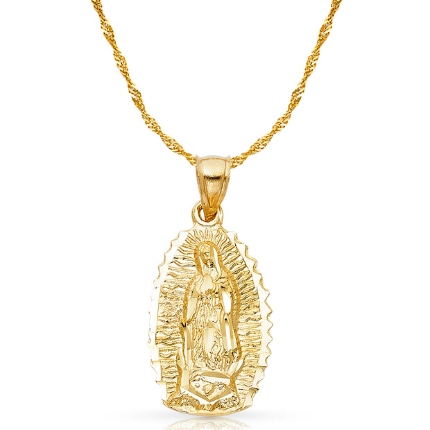 14K Gold Guadalupe Charm Pendant with 1.8mm Singapore Chain Necklace