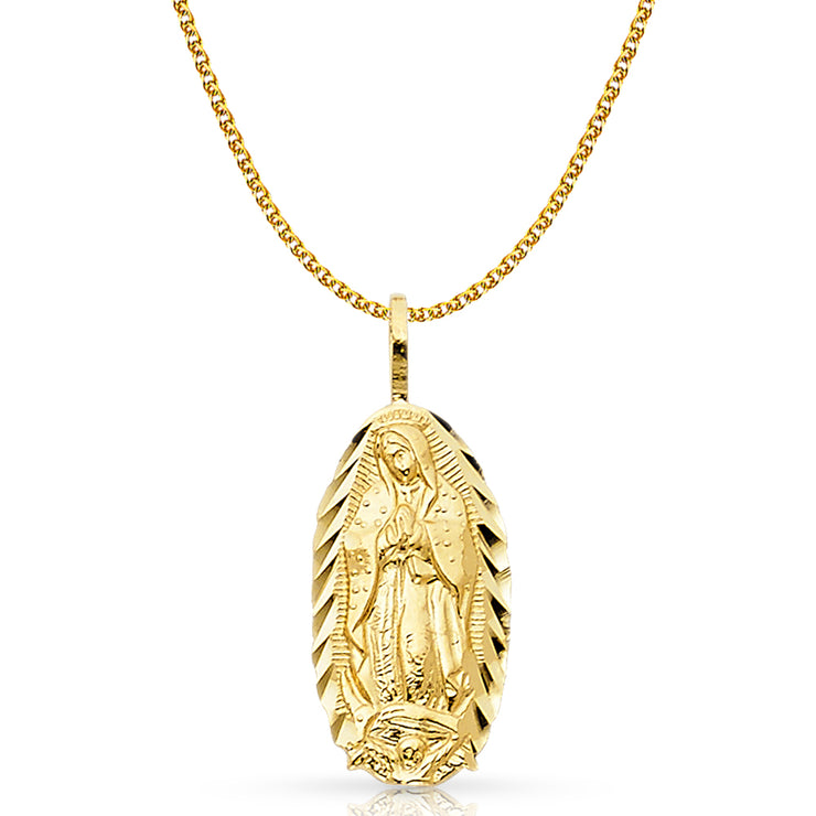 14K Gold Guadalupe Charm Pendant with 1.5mm Flat Open Wheat Chain Necklace