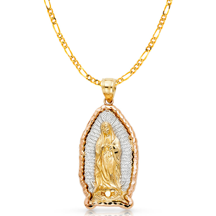 14K Gold Guadalupe Charm Pendant with 2.3mm Figaro 3+1 Chain Necklace