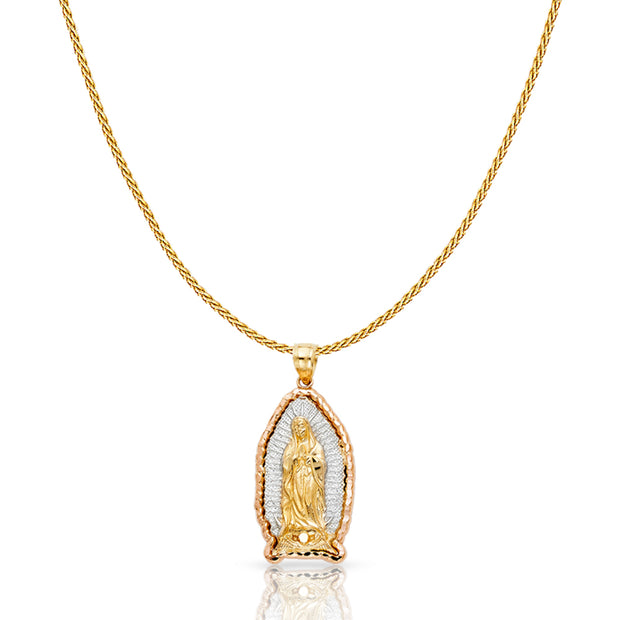 14K Gold Guadalupe Charm Pendant with 0.9mm Wheat Chain Necklace