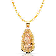 14K Gold Guadalupe Pendant with 2mm Figaro 3+1 Chain