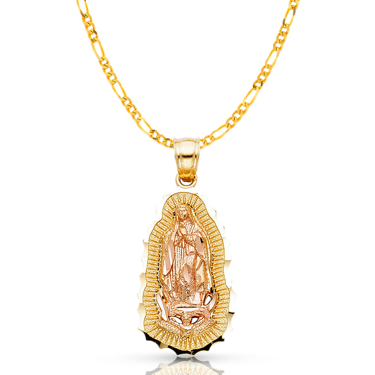 14K Gold Guadalupe Pendant with 2mm Figaro 3+1 Chain