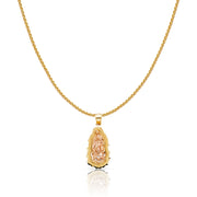 14K Gold Guadalupe Charm Pendant with 0.9mm Wheat Chain Necklace