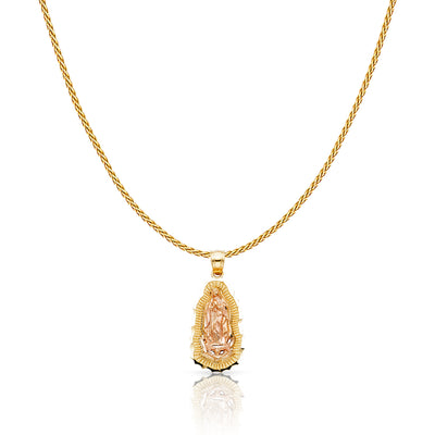 14K Gold Guadalupe Charm Pendant with 0.9mm Wheat Chain Necklace