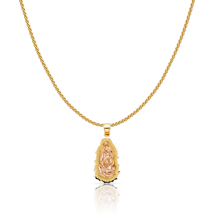 14K Gold Guadalupe Charm Pendant with 0.9mm Wheat Chain Necklace