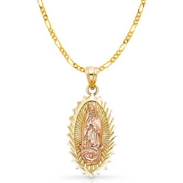 14K Gold Guadalupe Charm Pendant with 3.1mm Figaro 3+1 Chain Necklace