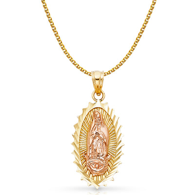 14K Gold Guadalupe Charm Pendant with 1.7mm Flat Open Wheat Chain Necklace