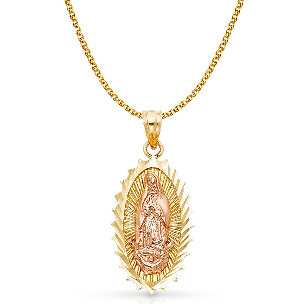 14K Gold Guadalupe Charm Pendant with 1.7mm Flat Open Wheat Chain Necklace