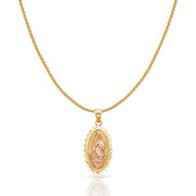 14K Gold Guadalupe Charm Pendant with 0.9mm Wheat Chain Necklace