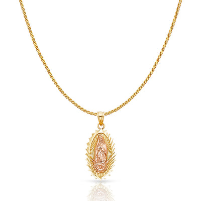 14K Gold Guadalupe Charm Pendant with 0.9mm Wheat Chain Necklace