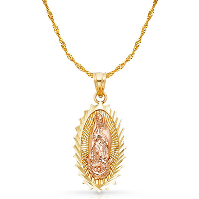 14K Gold Guadalupe Charm Pendant with 1.2mm Singapore Chain Necklace