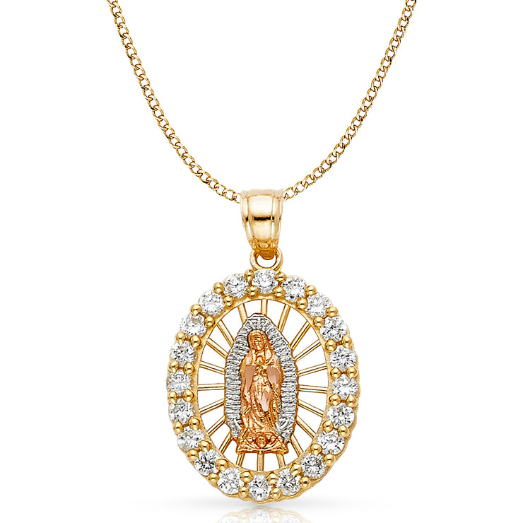 14K Gold CZ Guadalupe Charm Pendant with 3.4mm Hollow Cuban Chain Necklace